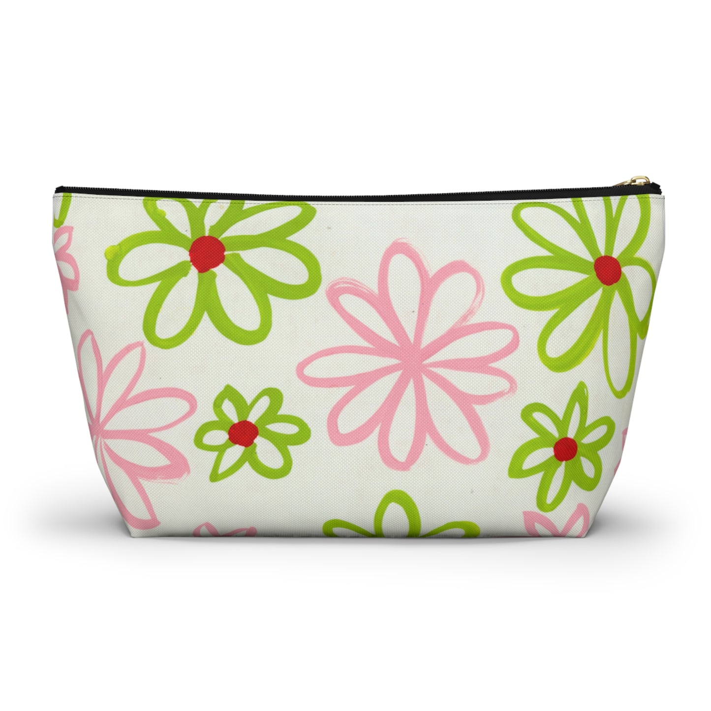 Pink & Green Daisies On White Accessory Pouch w T-bottom