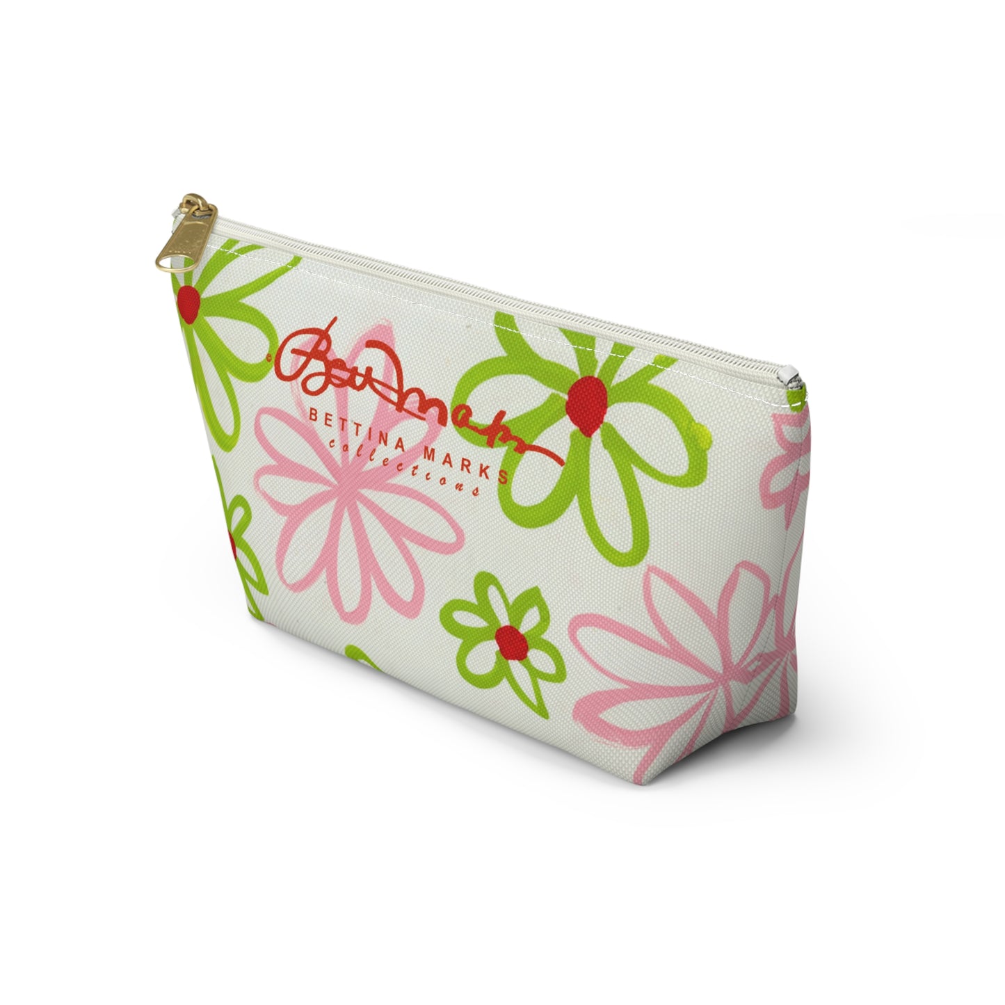 Pink & Green Daisies On White Accessory Pouch w T-bottom
