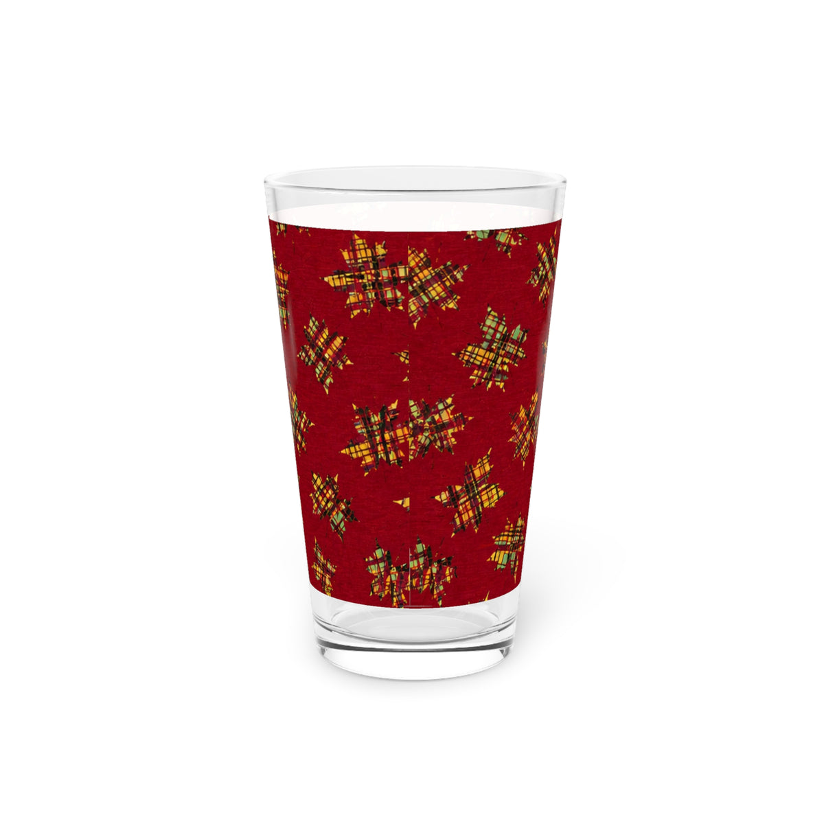 Plaid Leaves On Burgundy Pint Glass