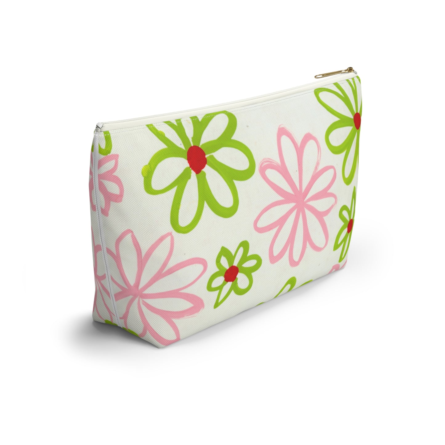 Pink & Green Daisies On White Accessory Pouch w T-bottom