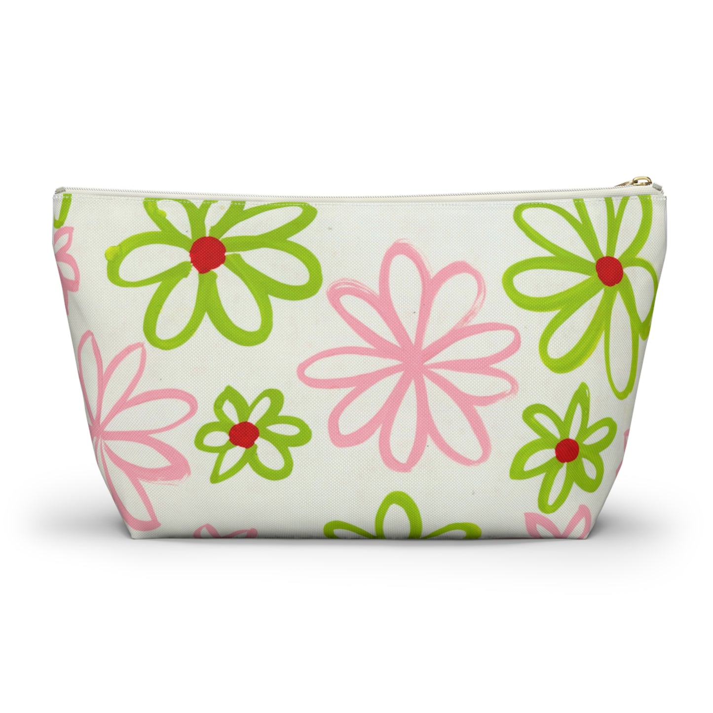 Pink & Green Daisies On White Accessory Pouch w T-bottom