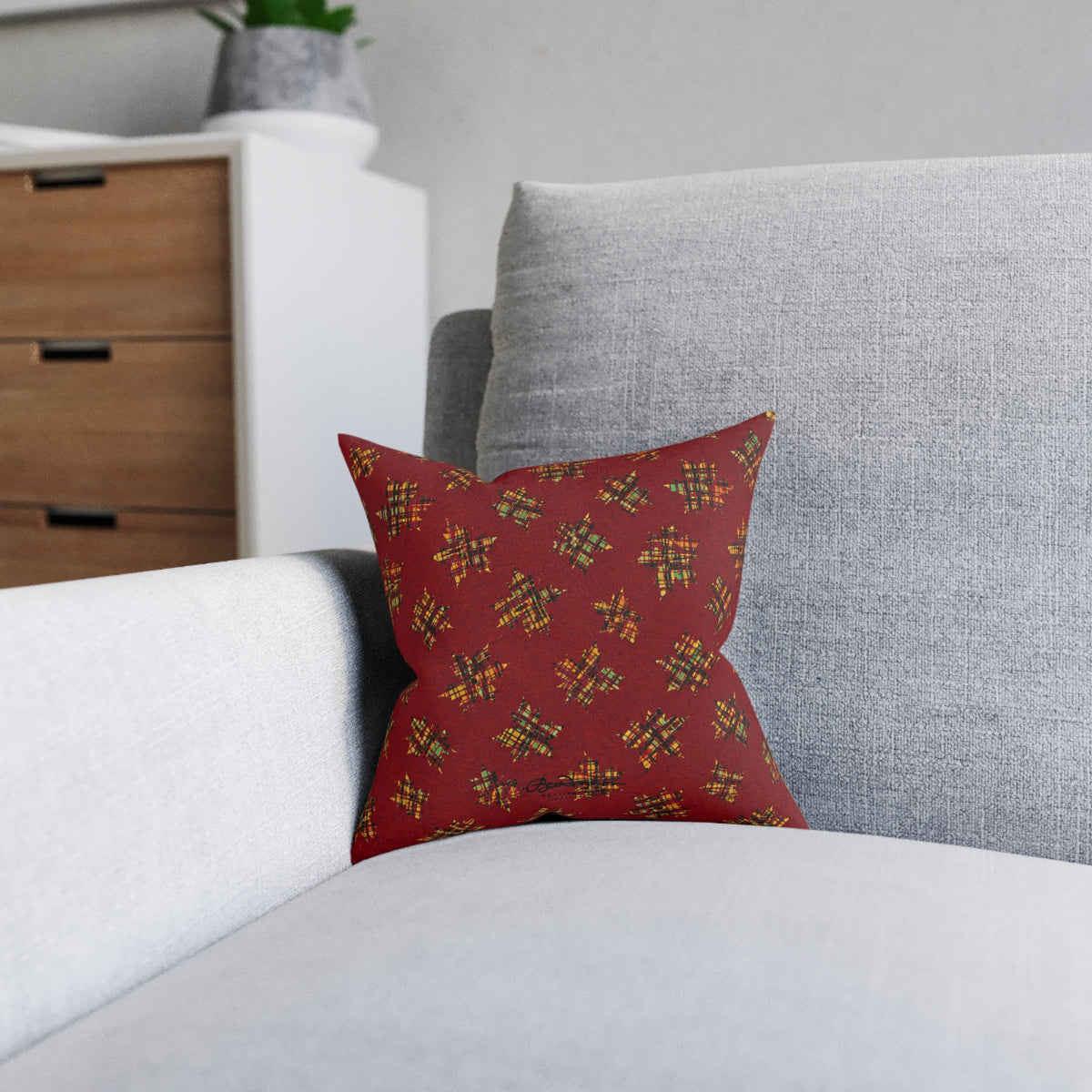 Plaid Leaves On Burgundy Square Pillow