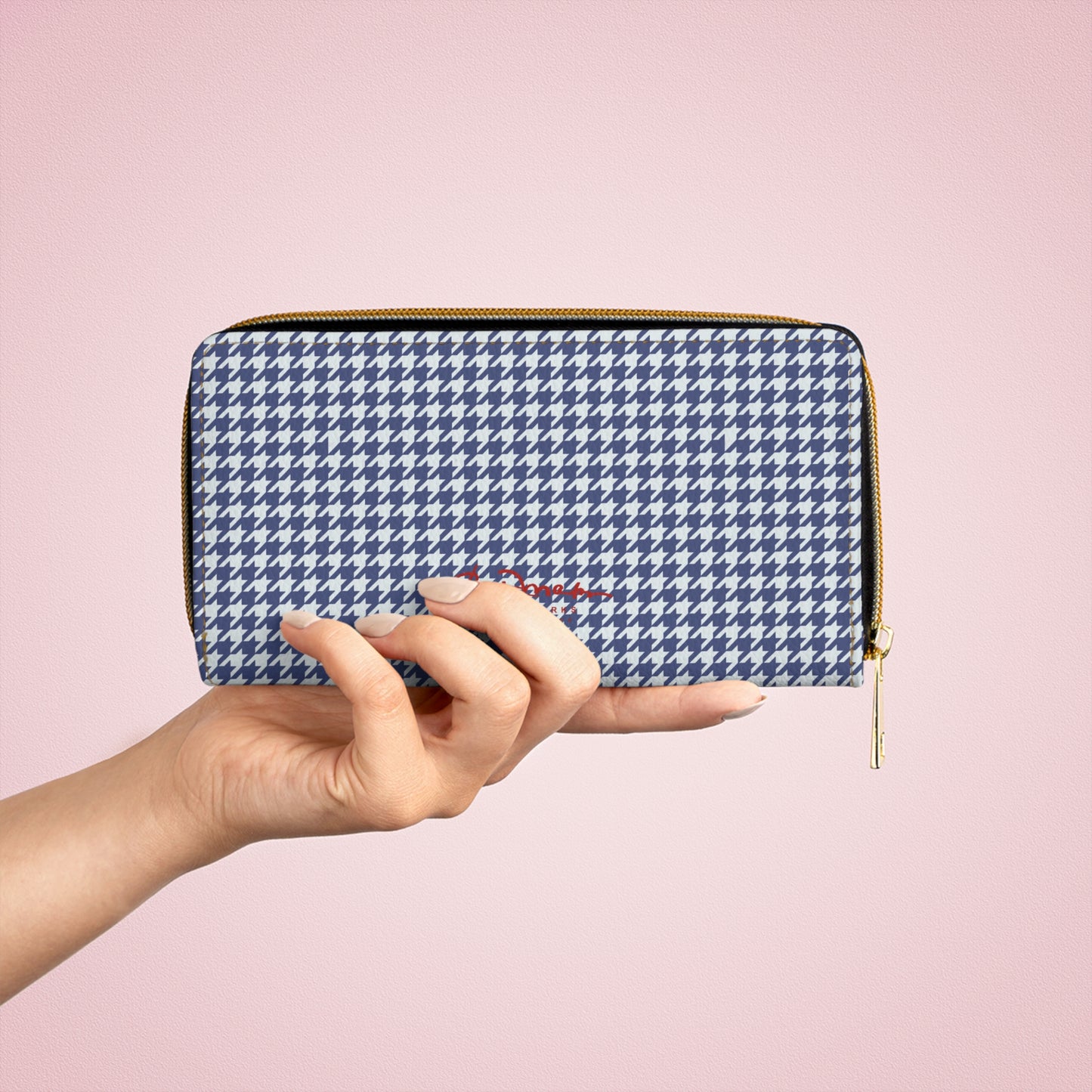 Navy Blue Houndstooth Zipper Wallet