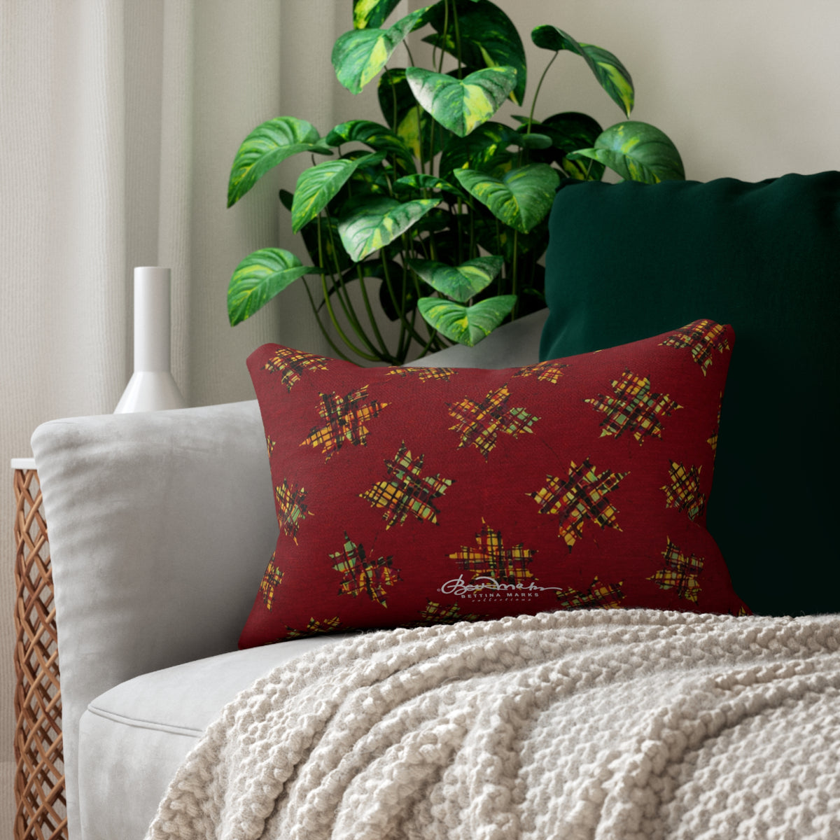 Plaid Leaves On Burgundy Pillow