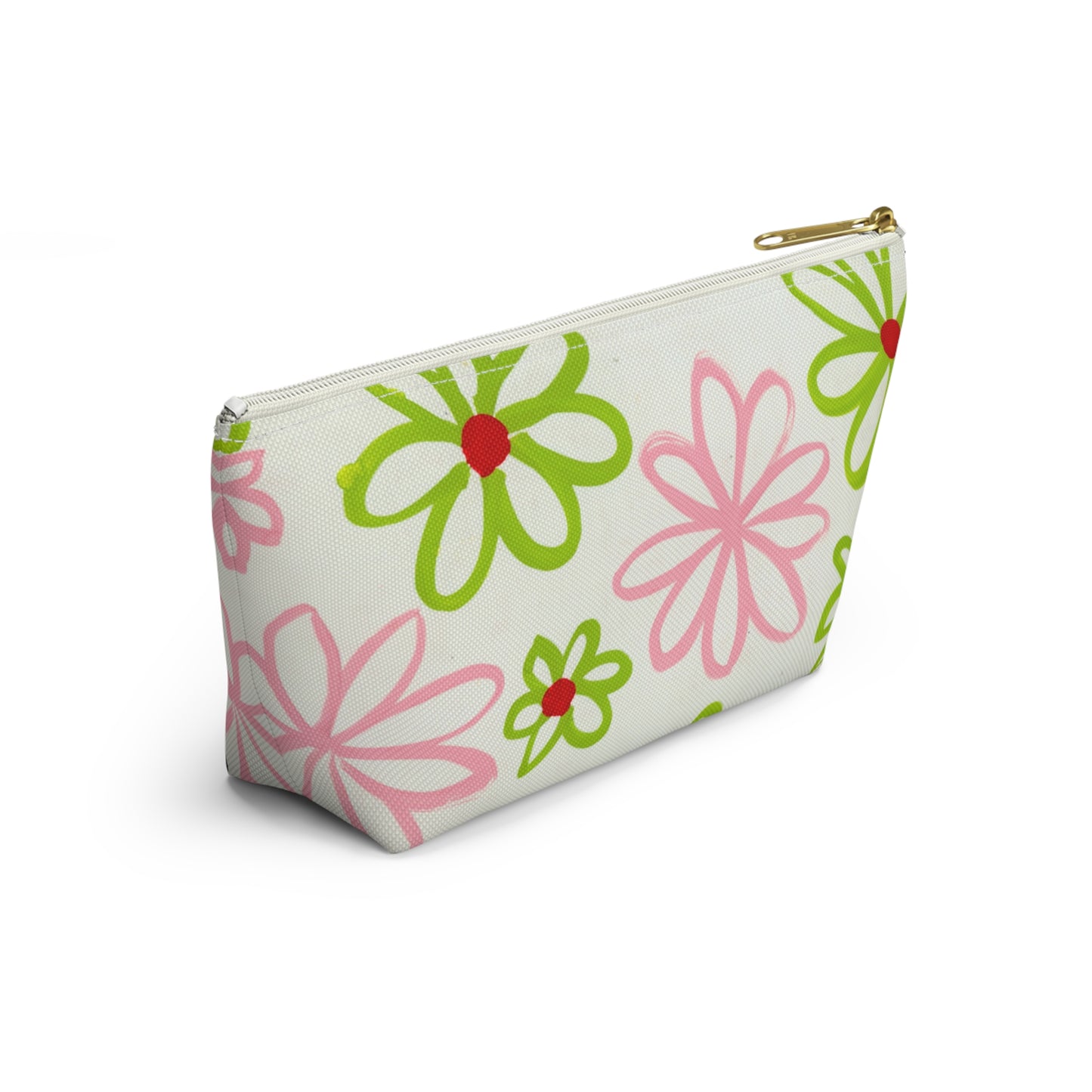 Pink & Green Daisies On White Accessory Pouch w T-bottom