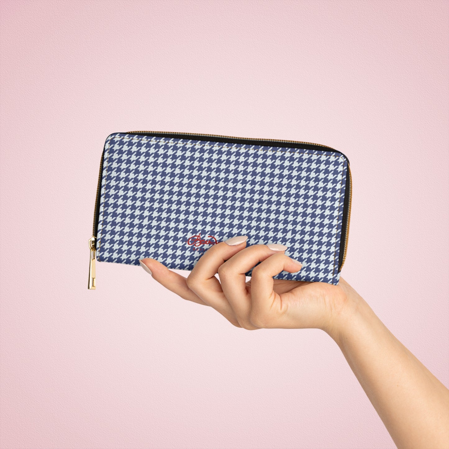 Navy Blue Houndstooth Zipper Wallet
