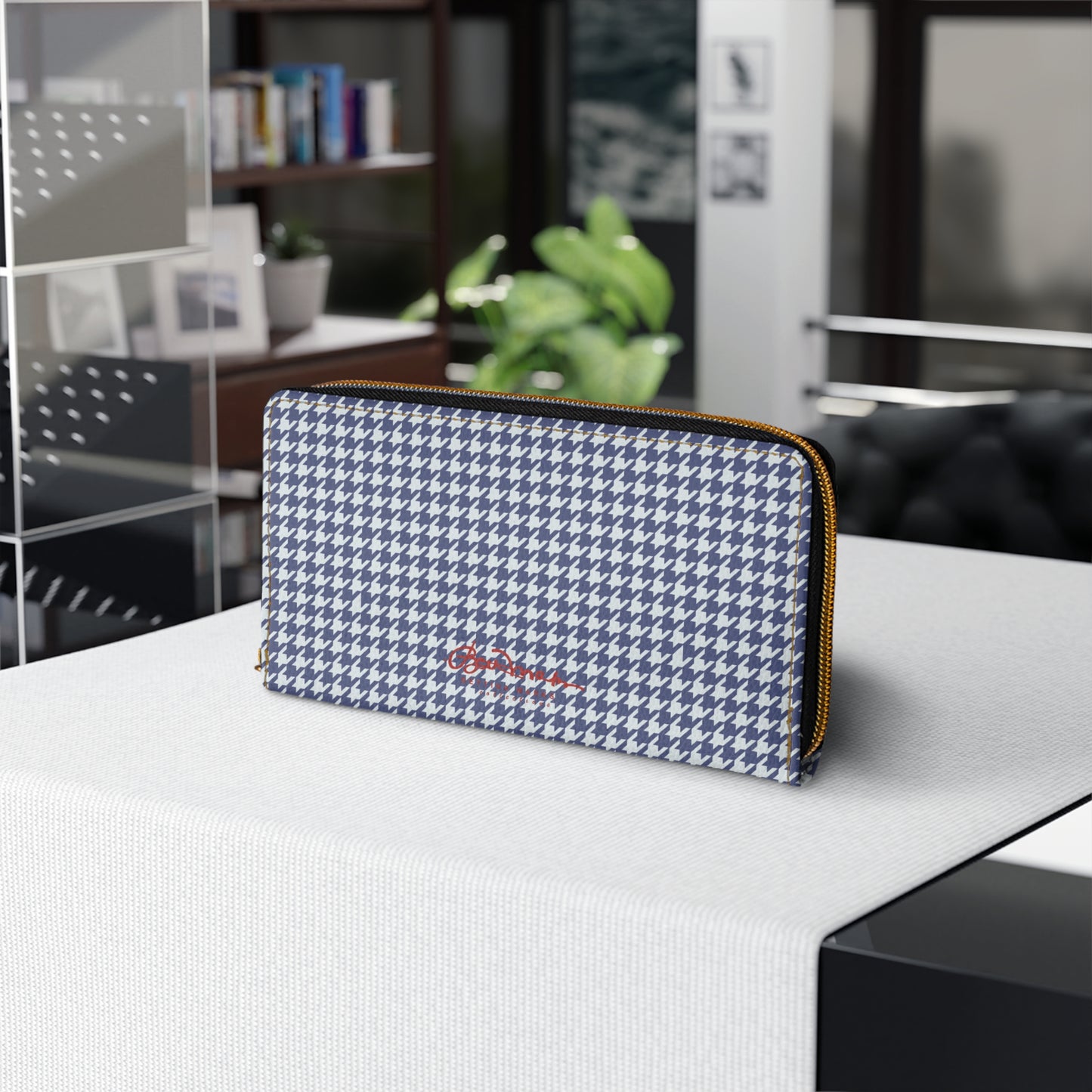 Navy Blue Houndstooth Zipper Wallet