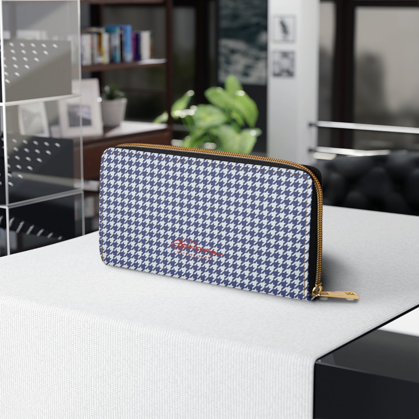 Navy Blue Houndstooth Zipper Wallet