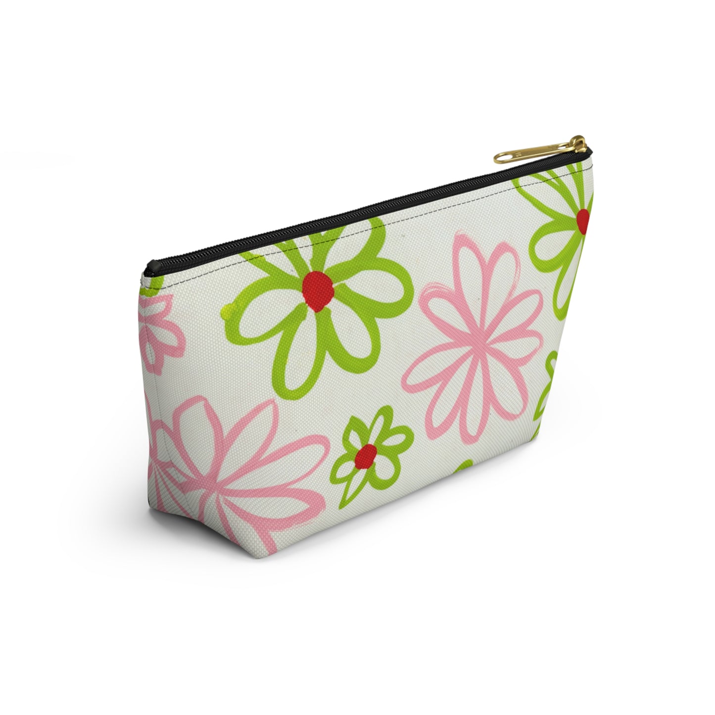 Pink & Green Daisies On White Accessory Pouch w T-bottom