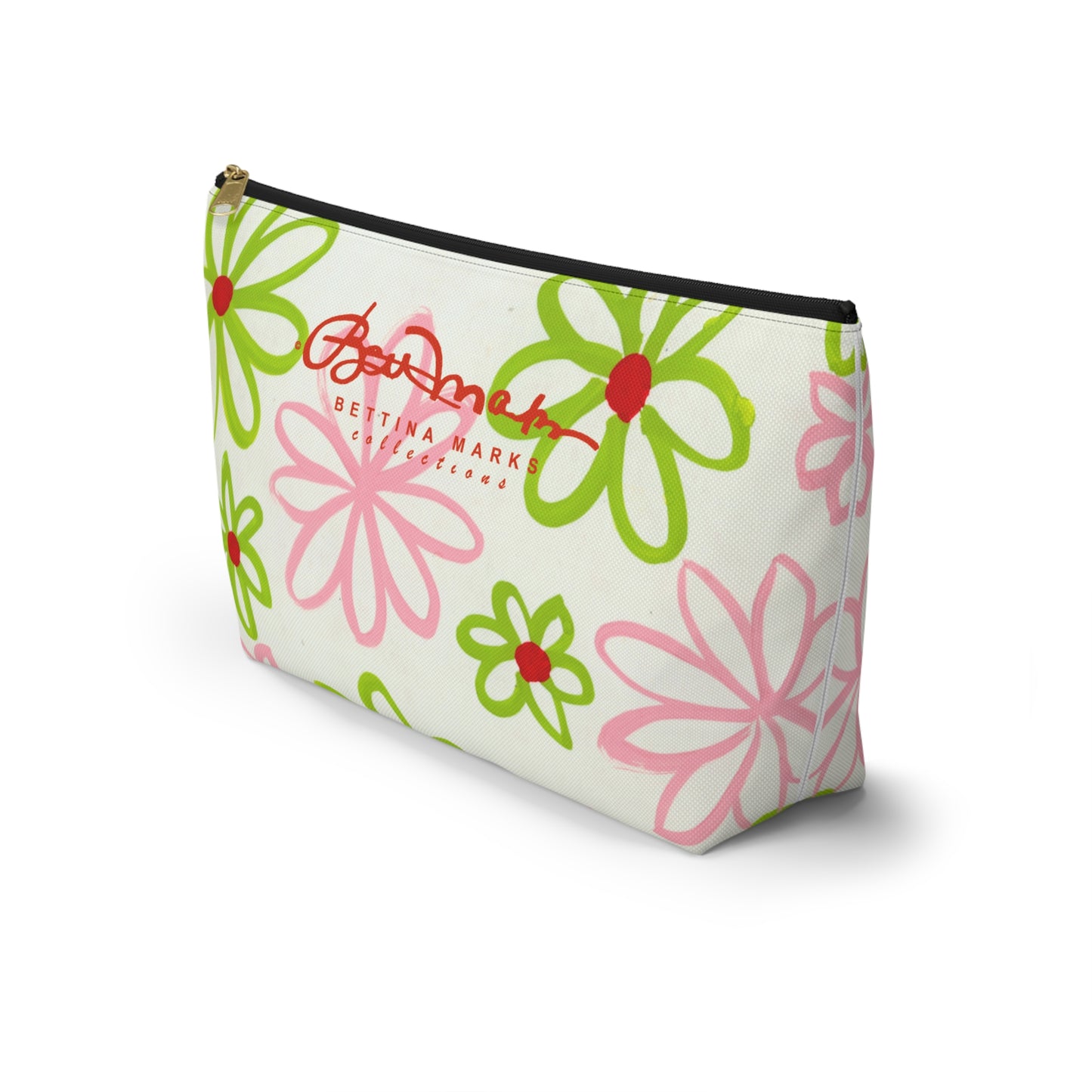 Pink & Green Daisies On White Accessory Pouch w T-bottom