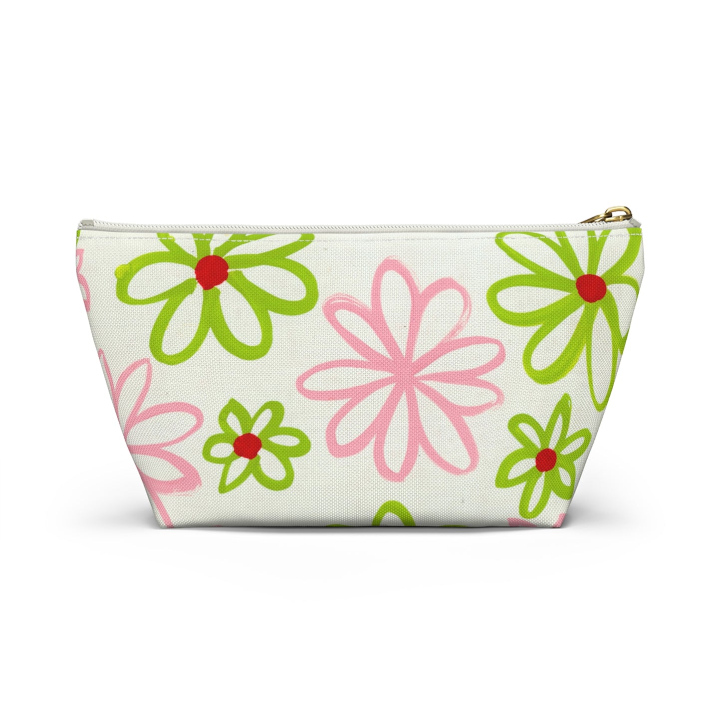 Pink & Green Daisies On White Accessory Pouch w T-bottom