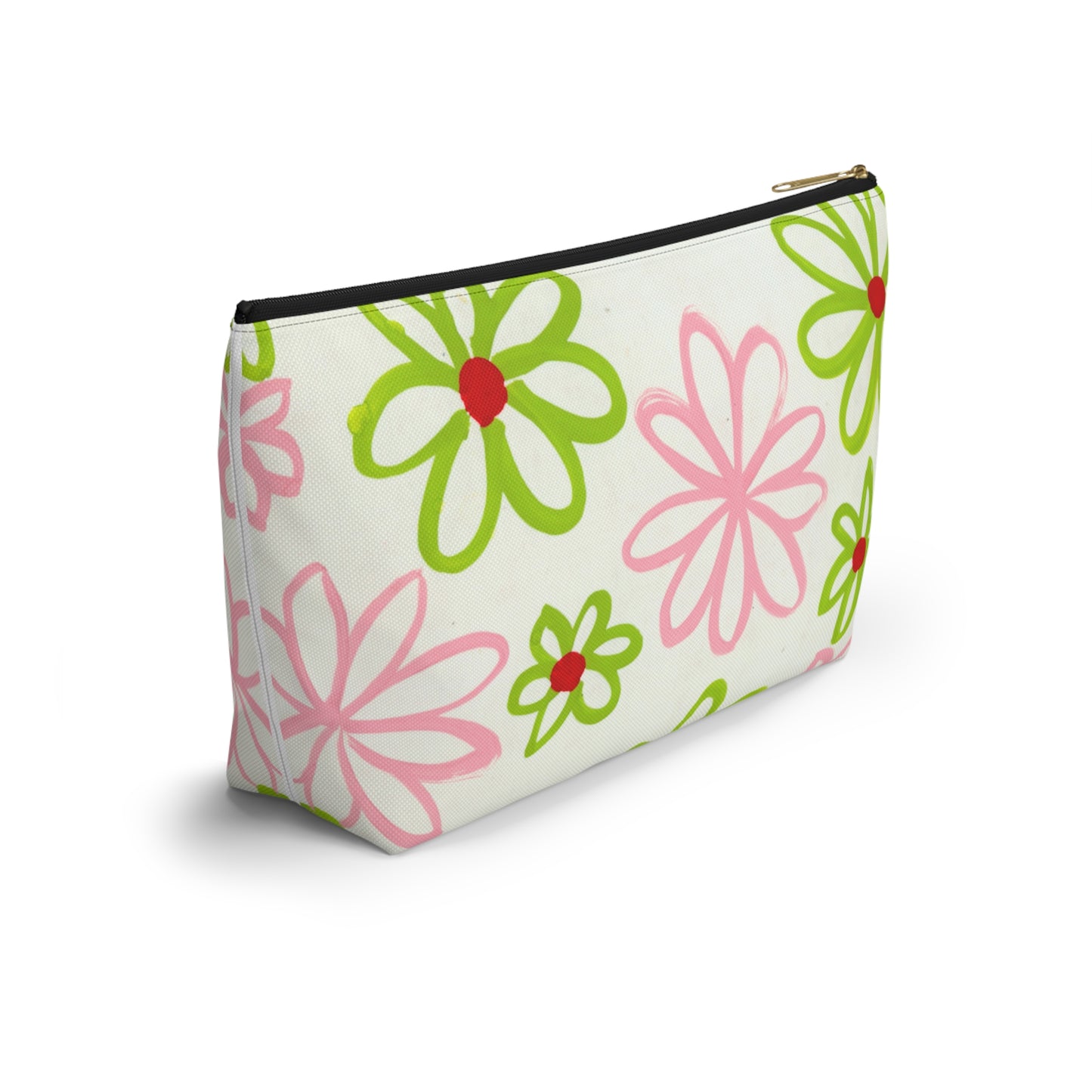 Pink & Green Daisies On White Accessory Pouch w T-bottom