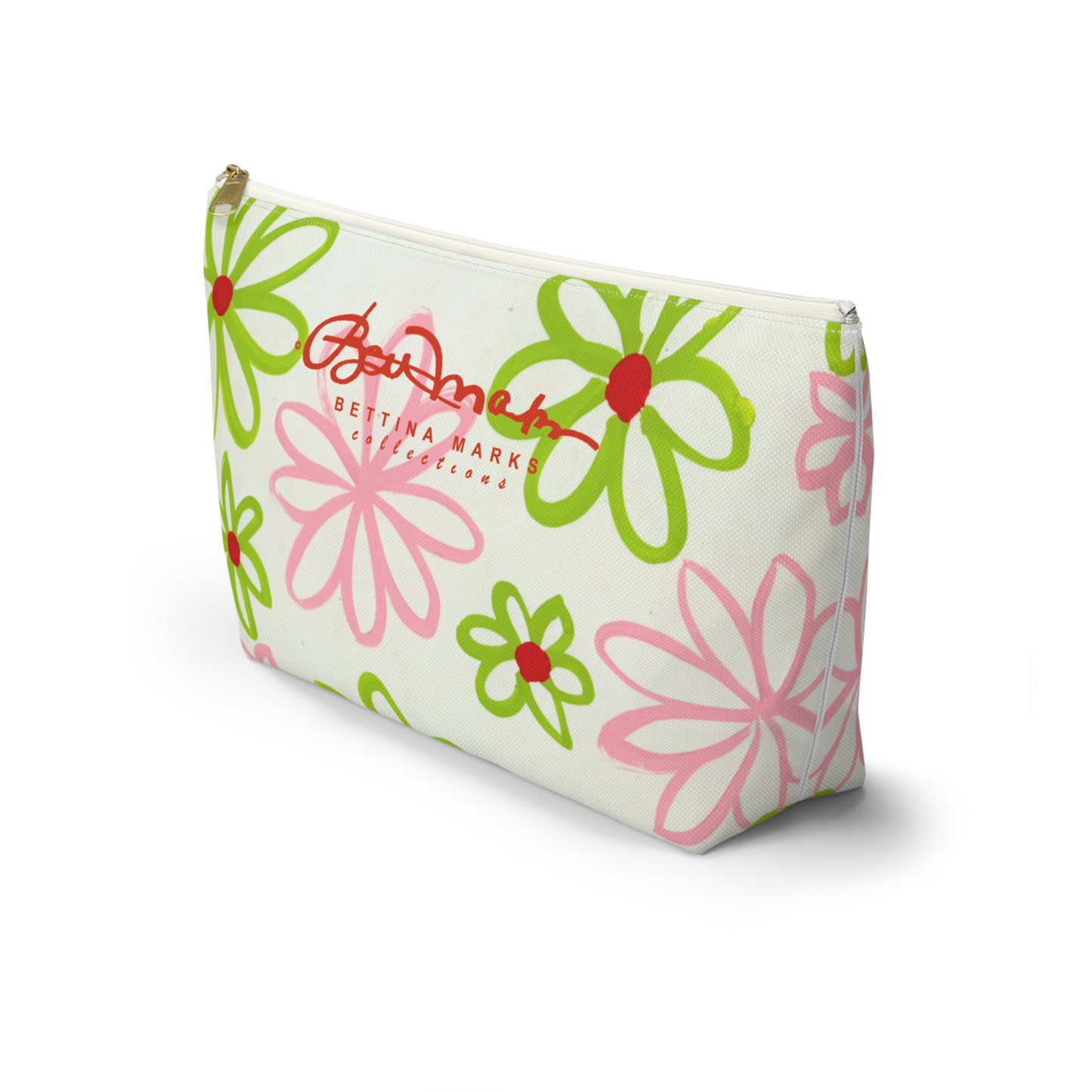 Pink & Green Daisies On White Accessory Pouch w T-bottom