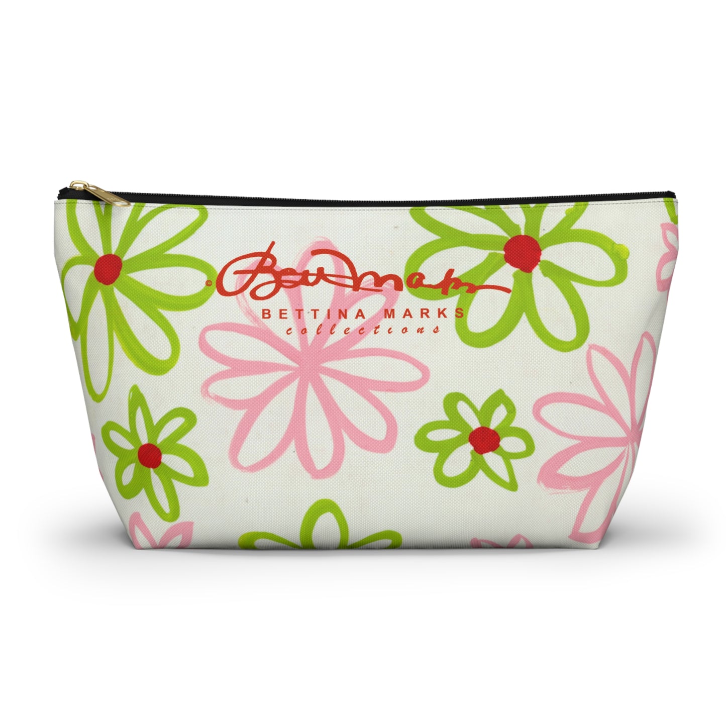 Pink & Green Daisies On White Accessory Pouch w T-bottom