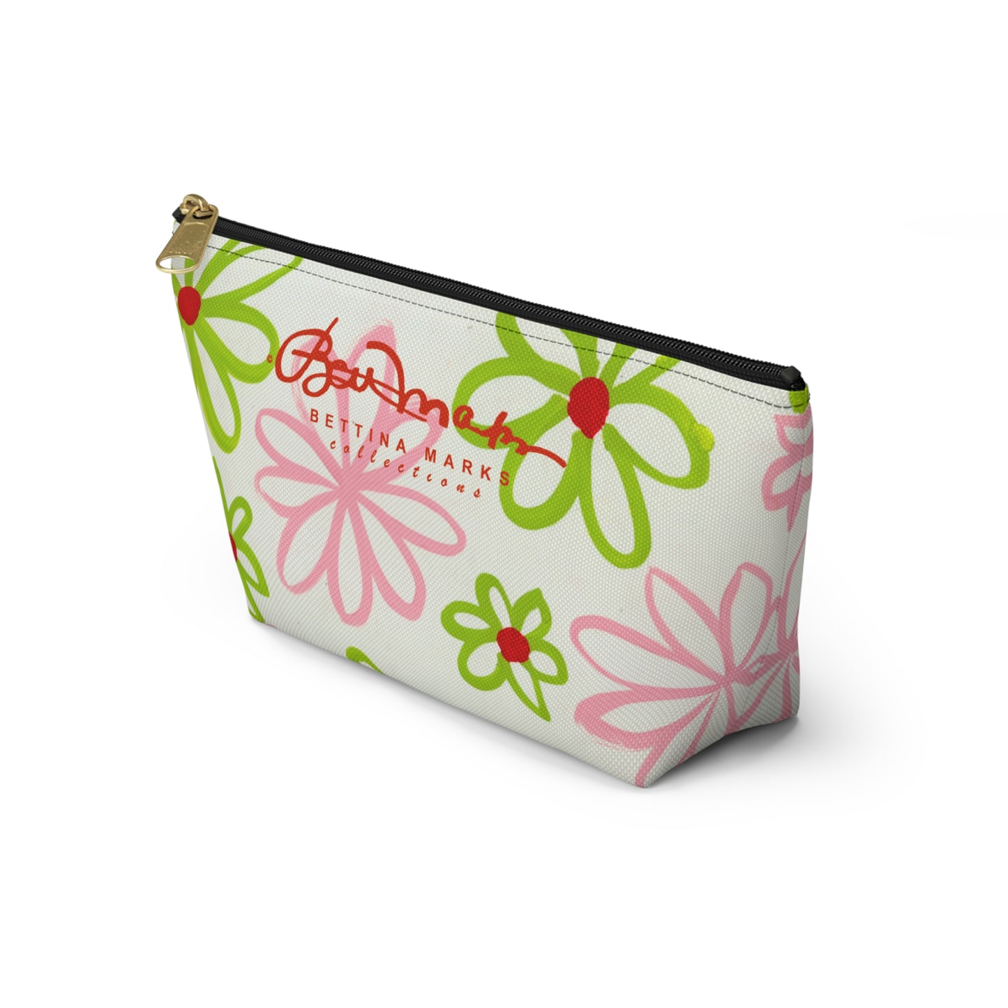 Pink & Green Daisies On White Accessory Pouch w T-bottom