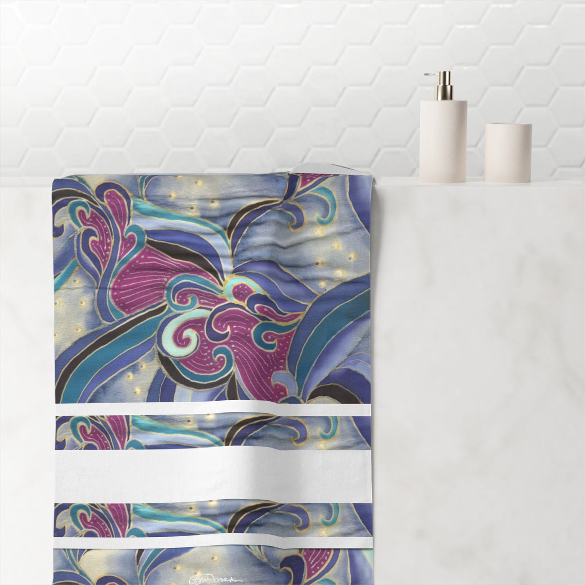 Blue Floral Swirls Bath Towel