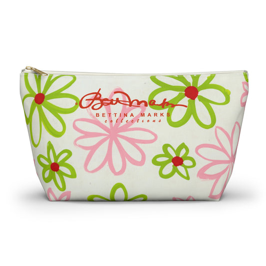 Pink & Green Daisies On White Accessory Pouch w T-bottom