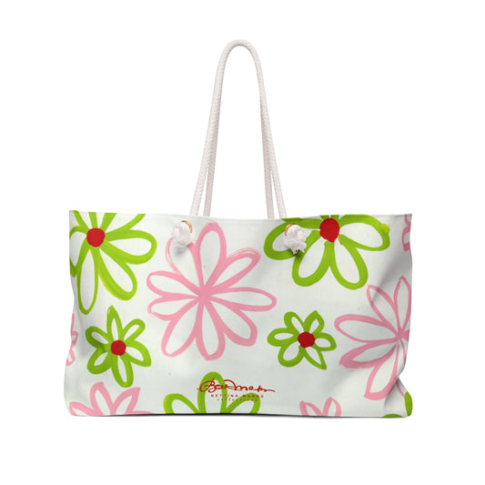 Pink & Green Daisies On White Weekender Bag