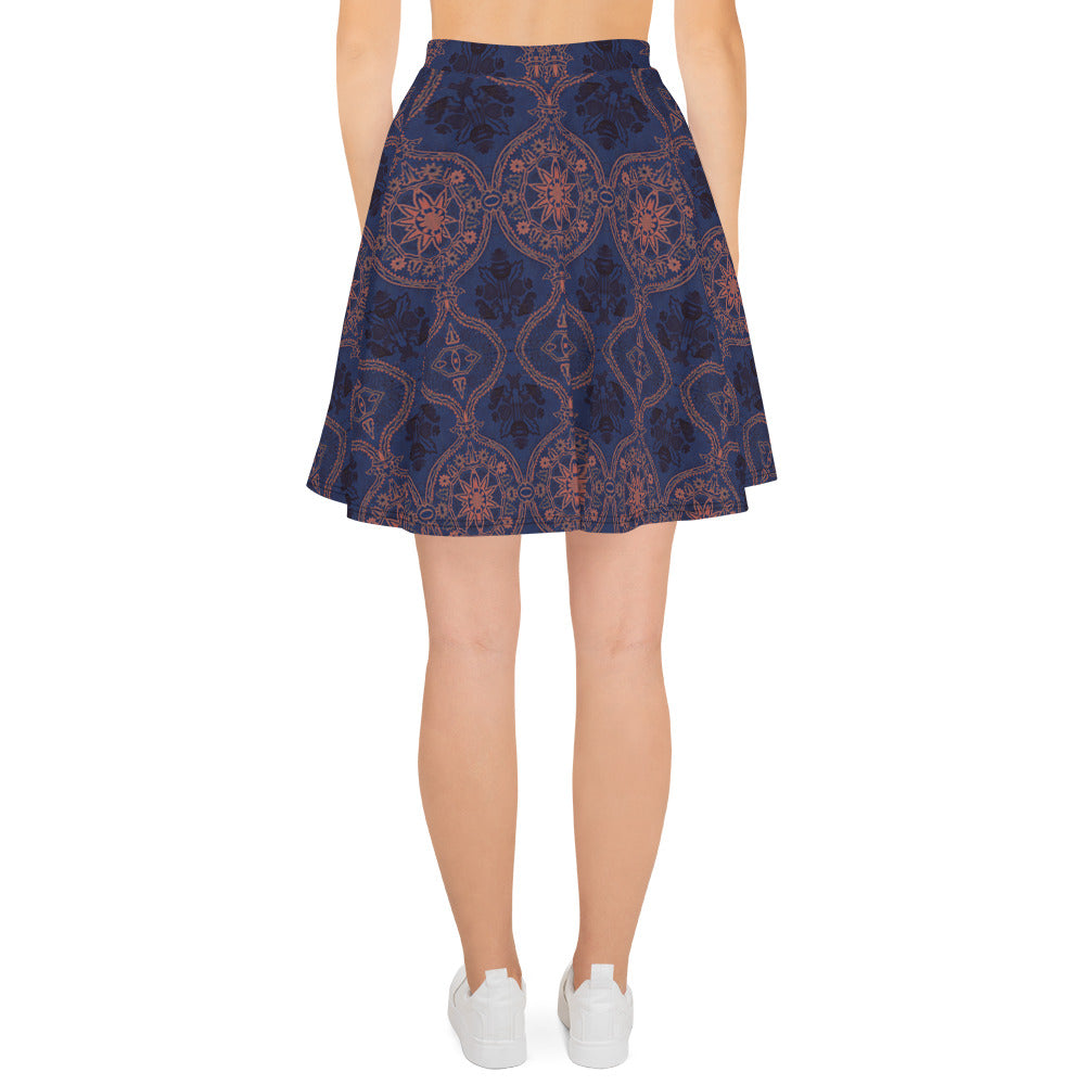 Sargasso Blue and Mellow Rose Damask Skater Skirt