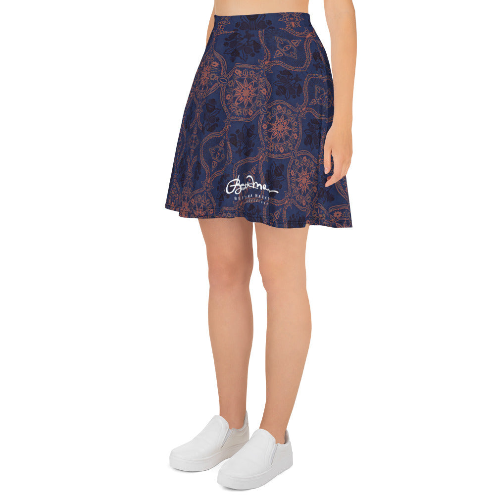 Sargasso Blue and Mellow Rose Damask Skater Skirt