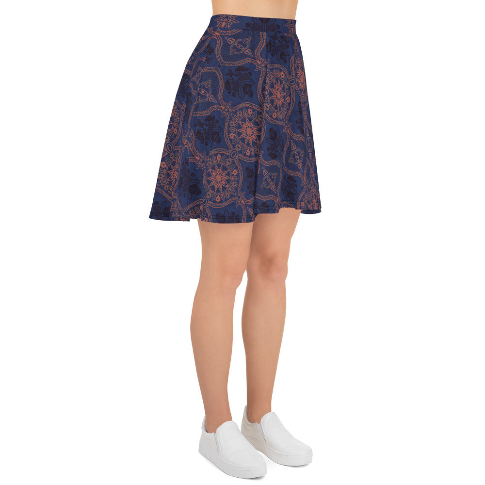 Sargasso Blue and Mellow Rose Damask Skater Skirt