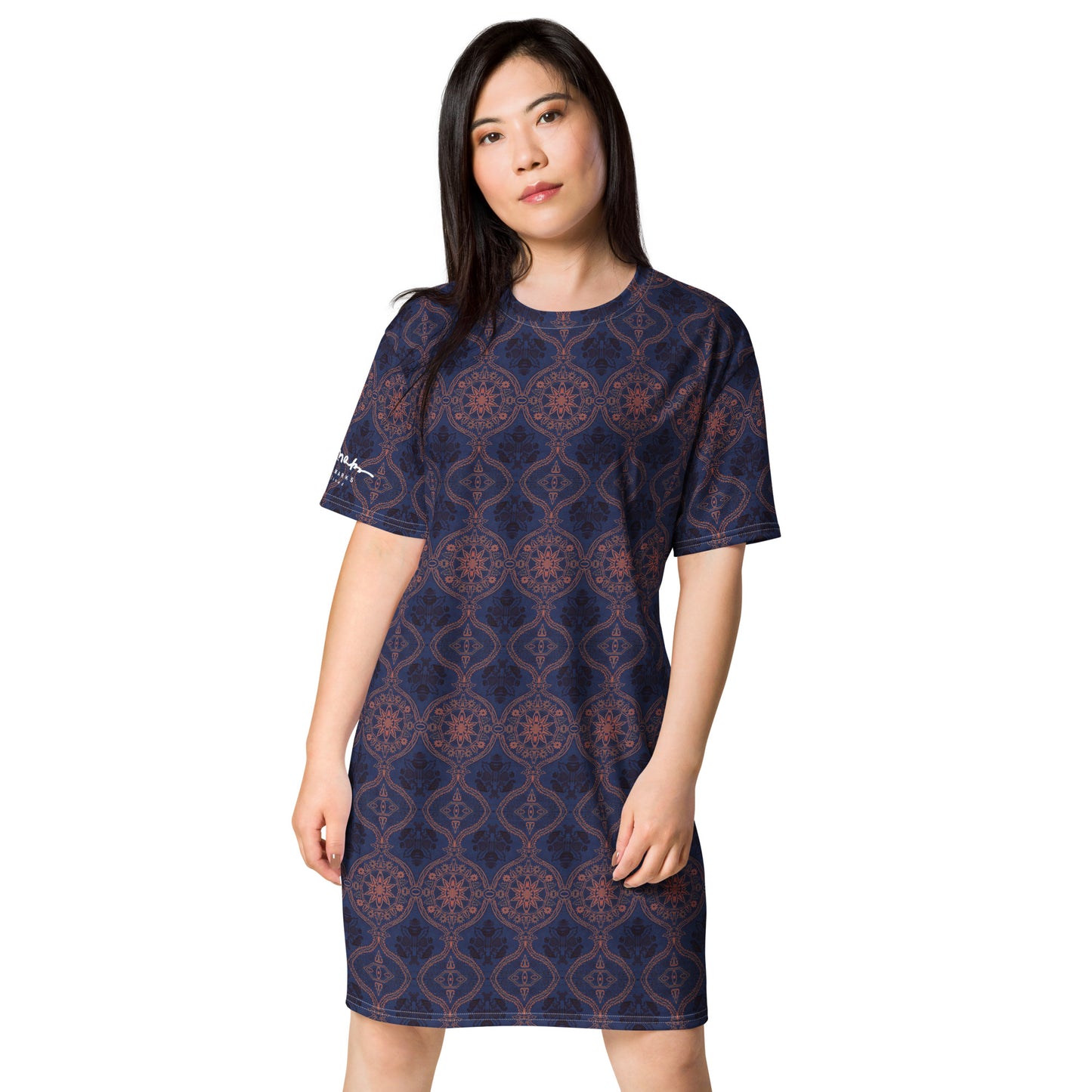 Sargasso Blue and Mellow Rose Damask T-shirt dress