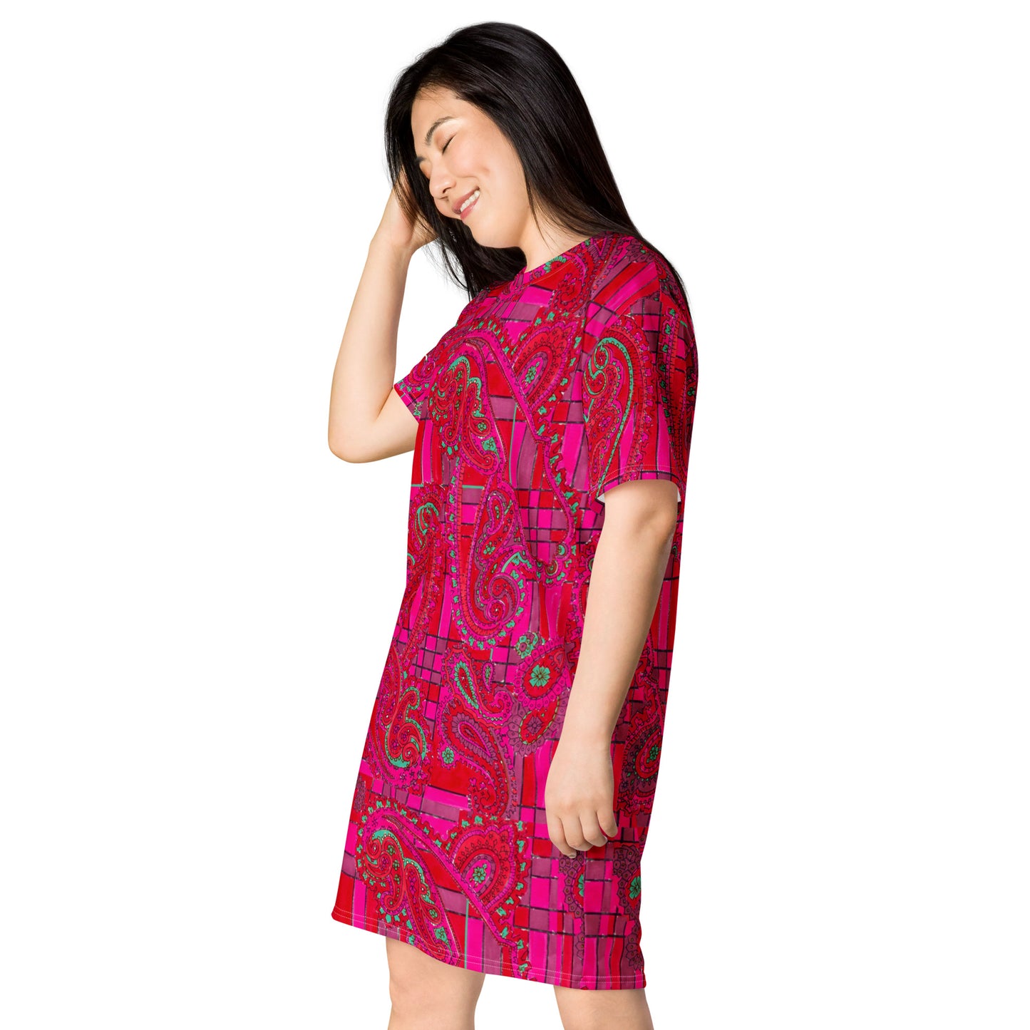 Bright Fuscia and Red Poppy Paisley on Plaid T-shirt dress