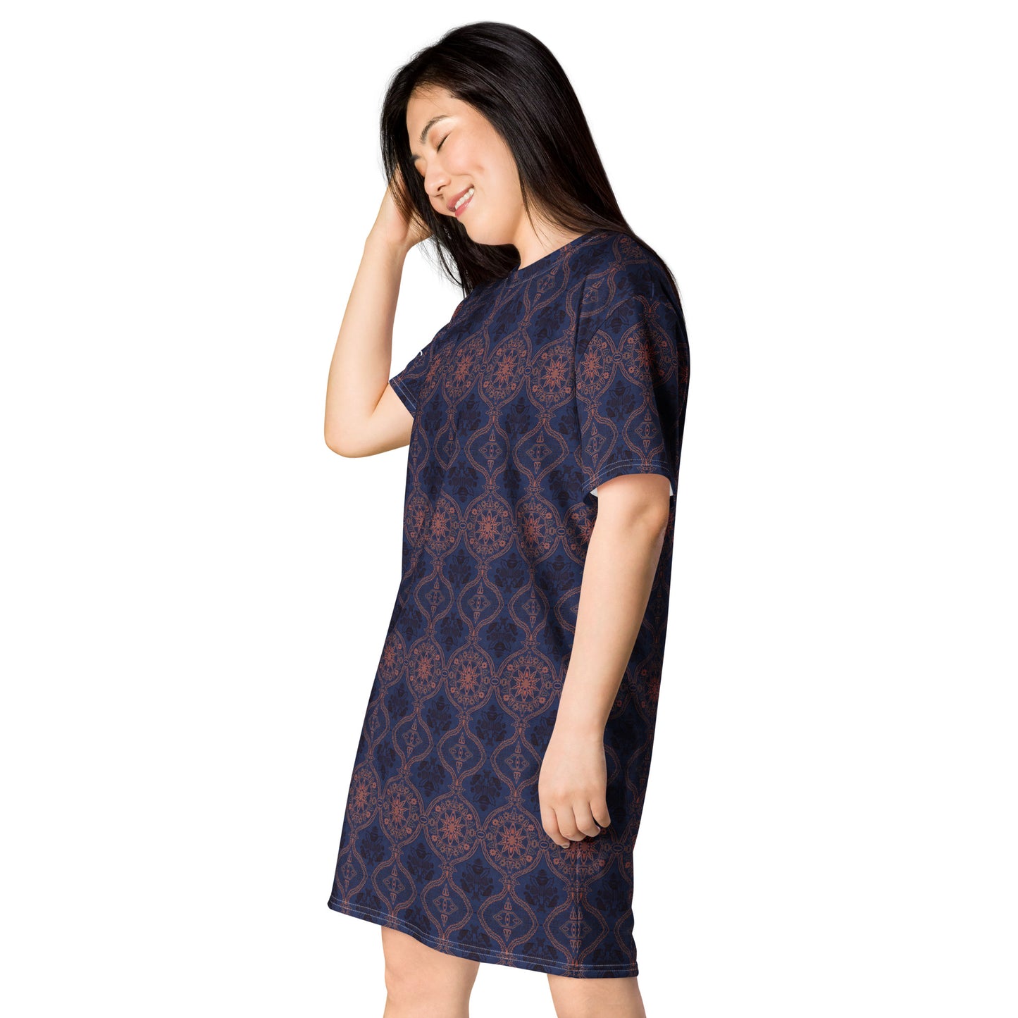 Sargasso Blue and Mellow Rose Damask T-shirt dress