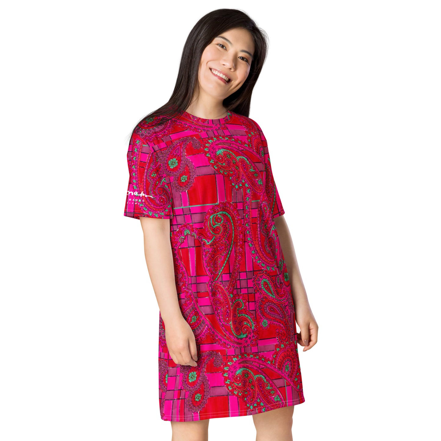 Bright Fuscia and Red Poppy Paisley on Plaid T-shirt dress
