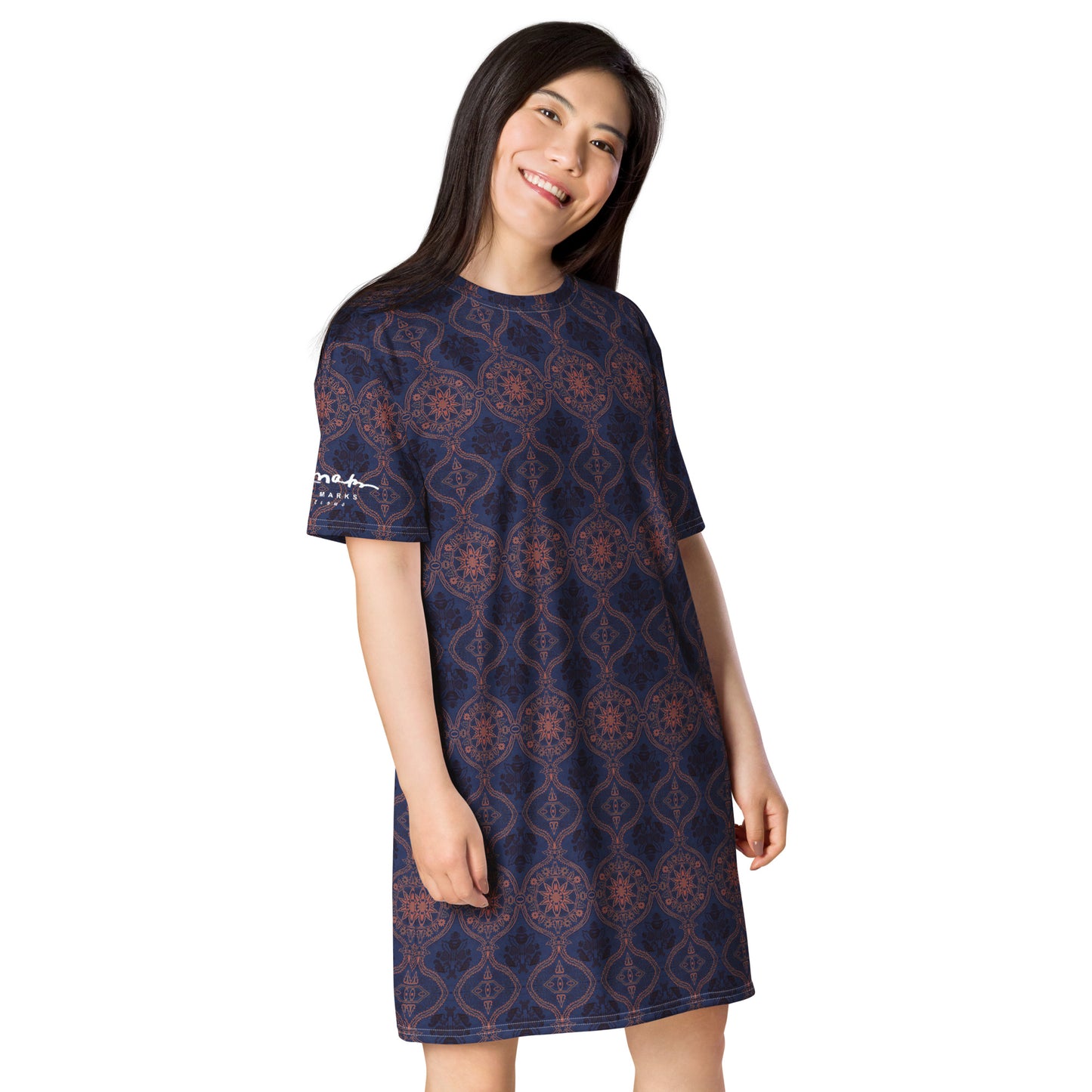 Sargasso Blue and Mellow Rose Damask T-shirt dress
