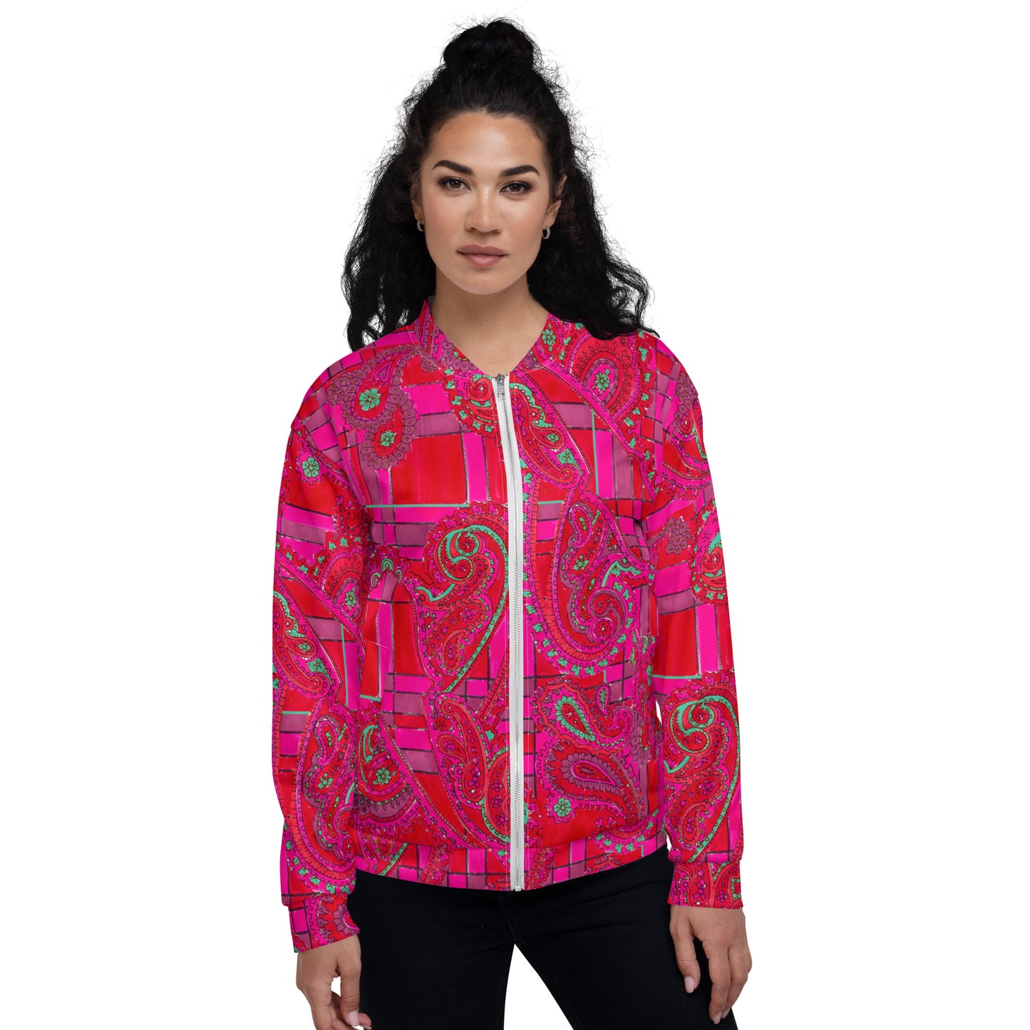 Recycled Unisex Bomber Jacket - Bright Fuscia and Red Poppy Paisley on Plaid - Women