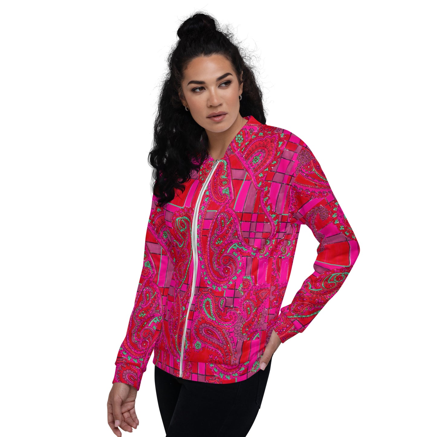 Recycled Unisex Bomber Jacket - Bright Fuscia and Red Poppy Paisley on Plaid - Women