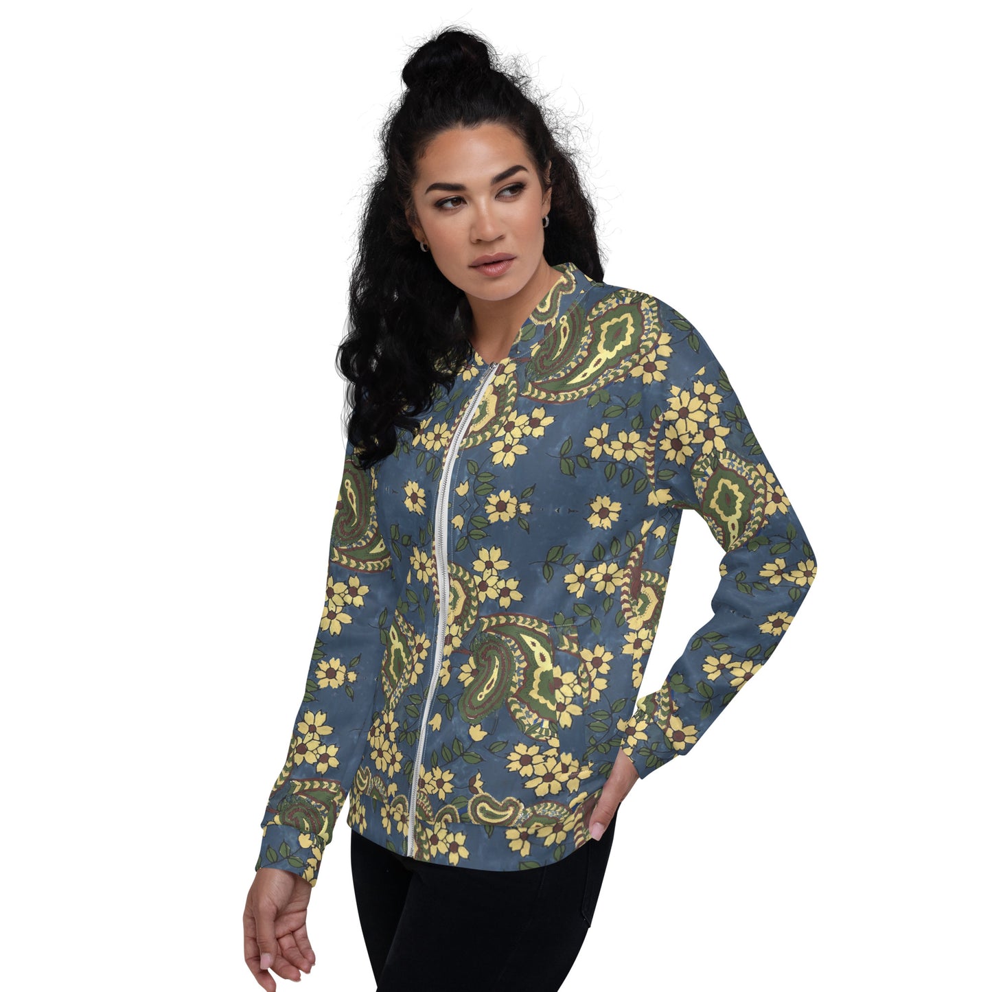 Recycled Unisex Bomber Jacket - Vintage Blue Paisley - Women
