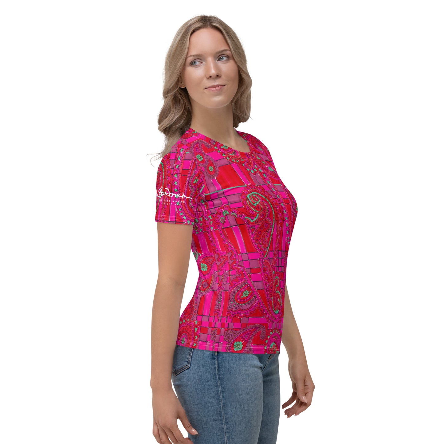 Bright Fuscia and Red Poppy Paisley on Plaid Women's T-shirt