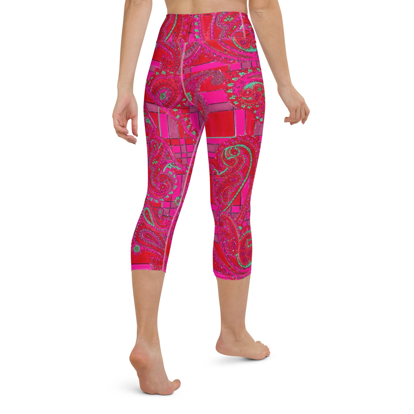 Bright Fuscia and Red Poppy Paisley on Plaid Yoga Capri Leggings