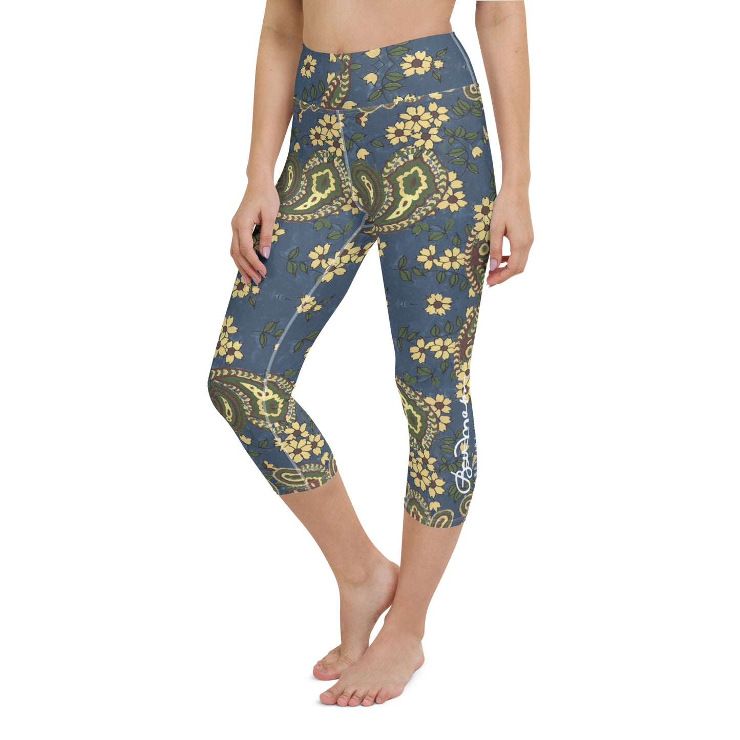 Vintage Blue Paisley Yoga Capri Leggings