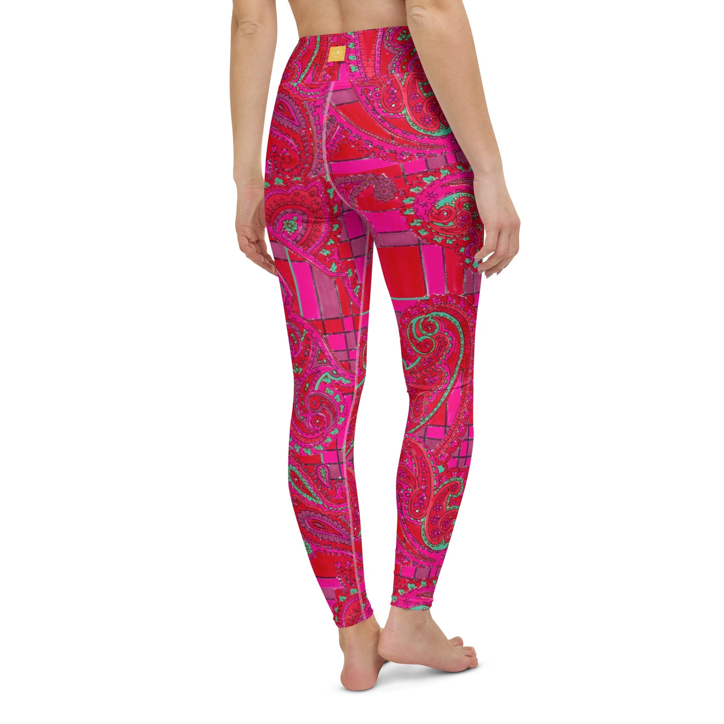 Bright Fuscia and Red Poppy Paisley on Plaid Yoga Leggings