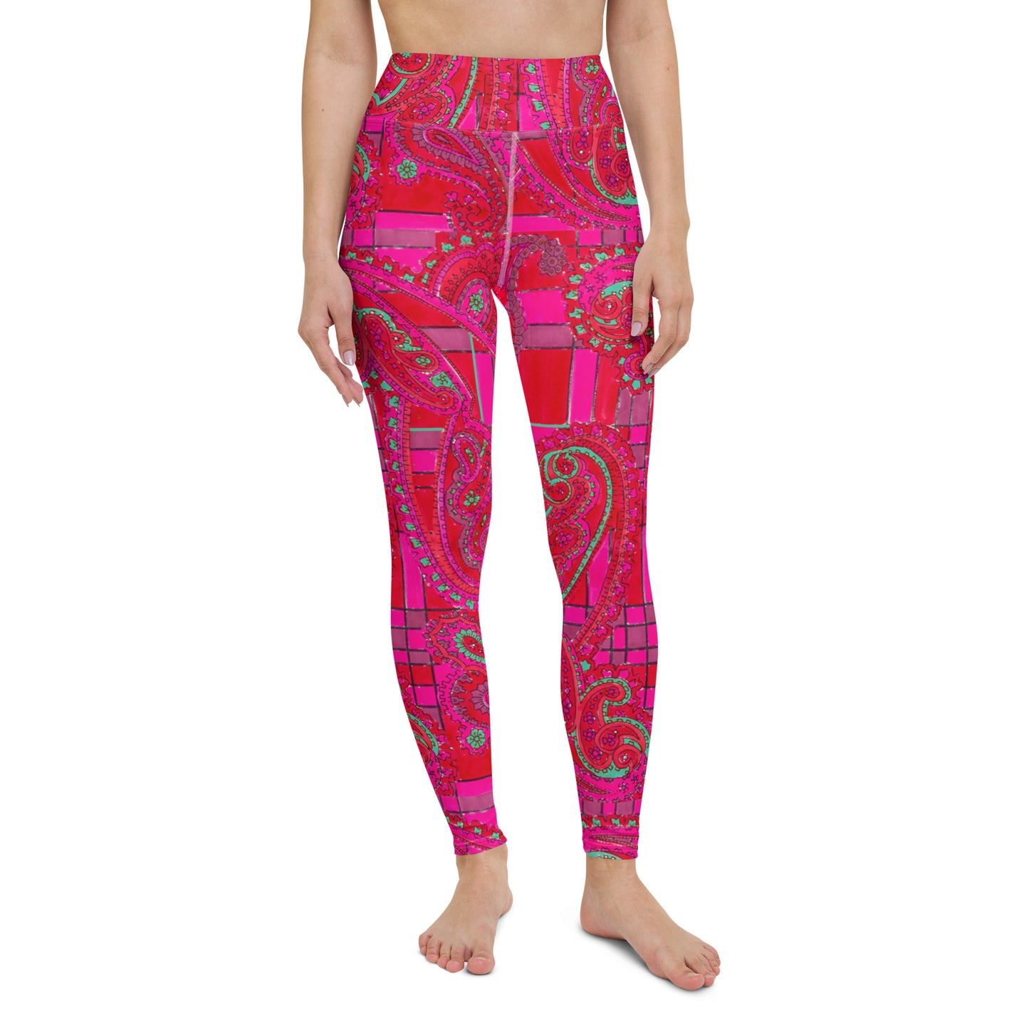 Bright Fuscia and Red Poppy Paisley on Plaid Yoga Leggings