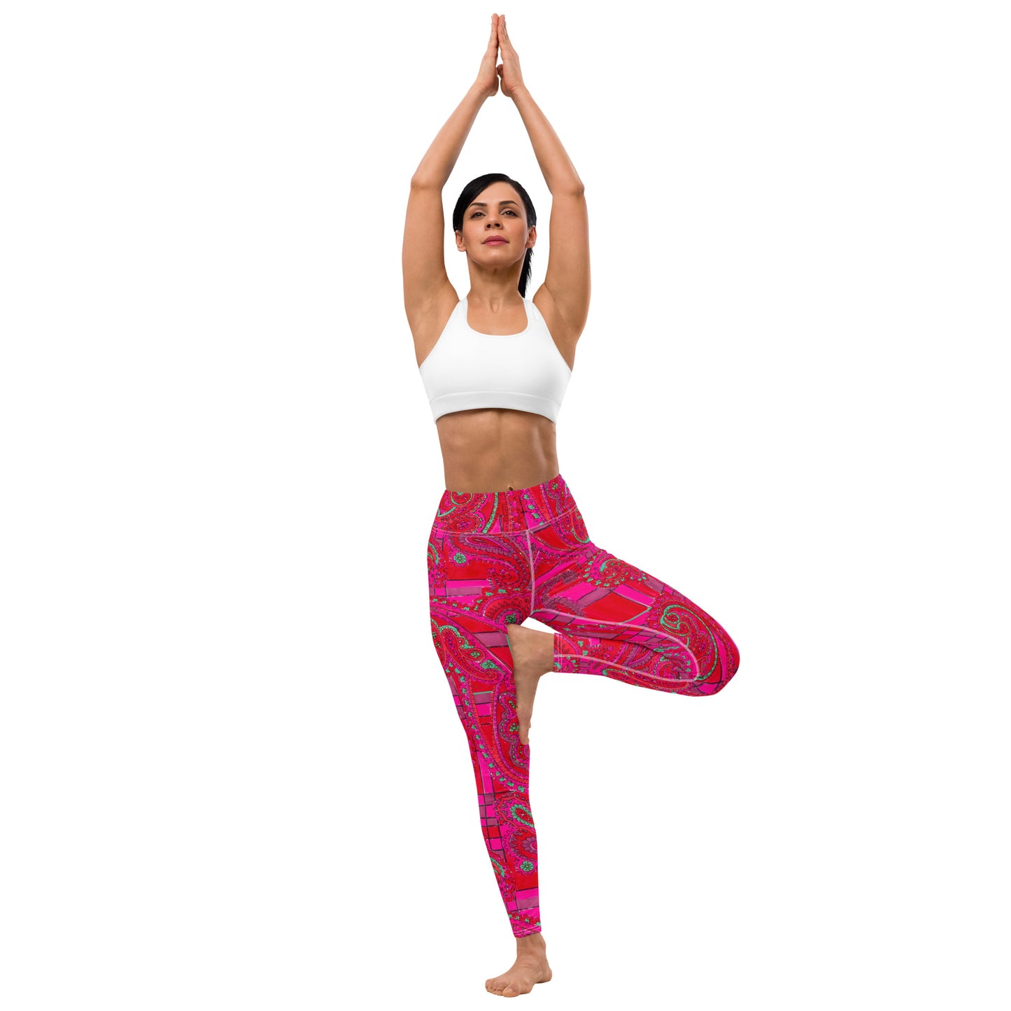 Bright Fuscia and Red Poppy Paisley on Plaid Yoga Leggings