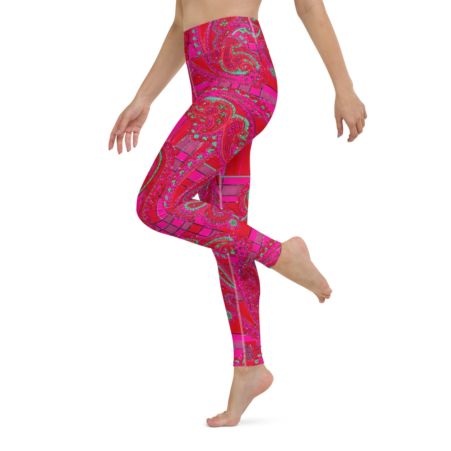 Bright Fuscia and Red Poppy Paisley on Plaid Yoga Leggings