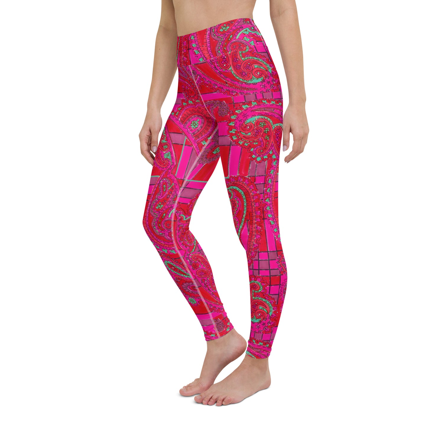 Bright Fuscia and Red Poppy Paisley on Plaid Yoga Leggings