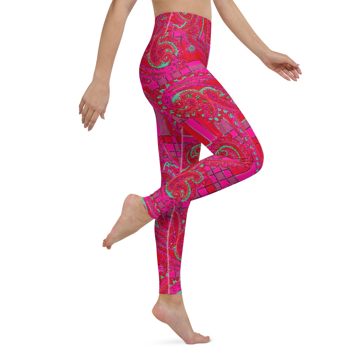 Bright Fuscia and Red Poppy Paisley on Plaid Yoga Leggings