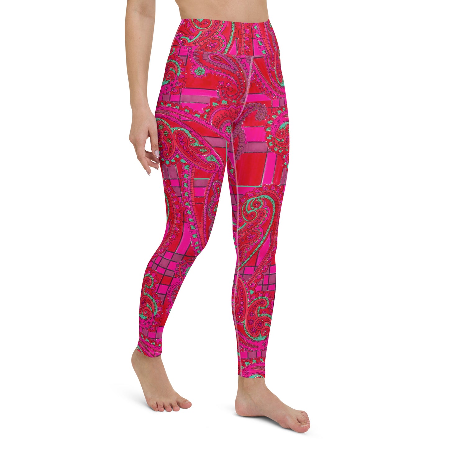 Bright Fuscia and Red Poppy Paisley on Plaid Yoga Leggings