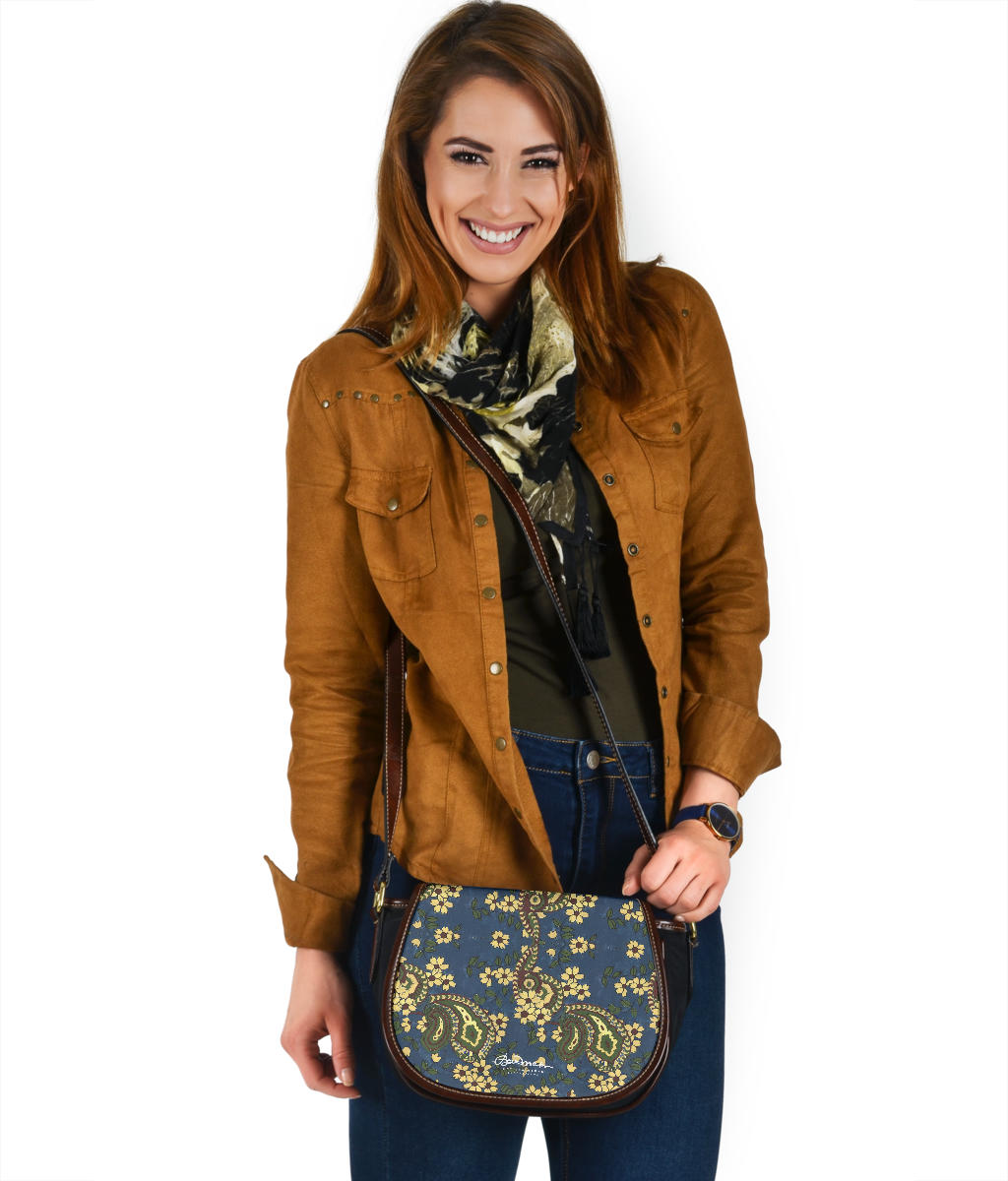 Vintage Blue Paisley Saddle Shoulder Bag