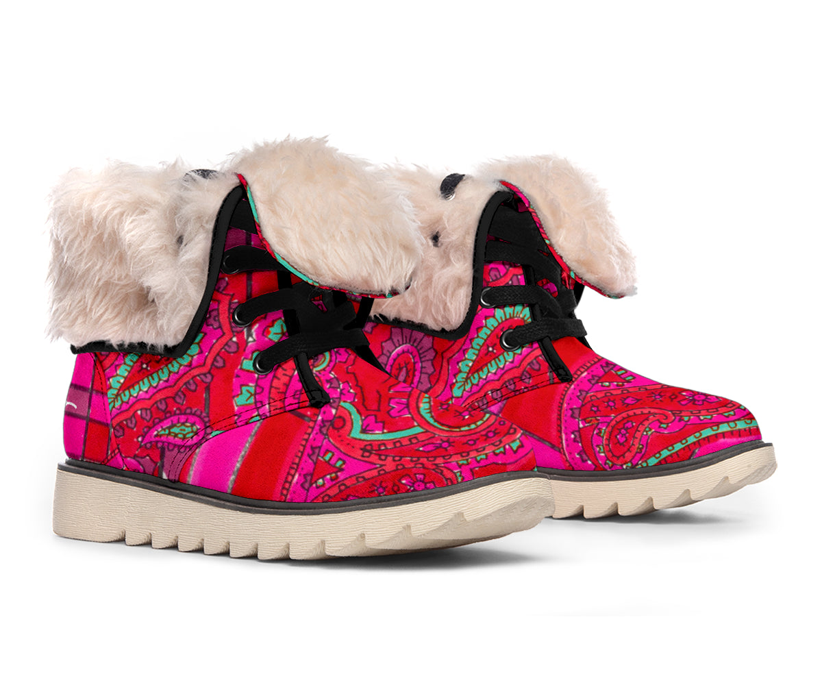 Bright Fuscia and Red Poppy Paisley on Plaid Polar Boots