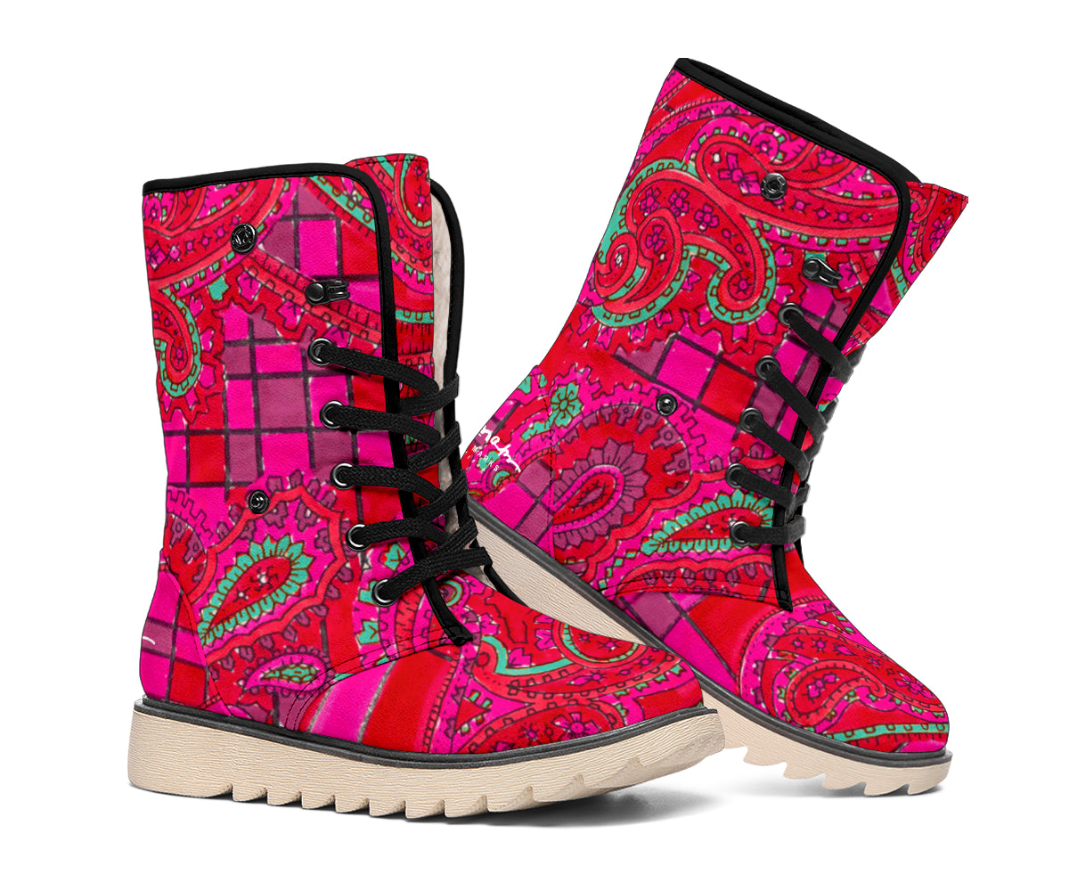Bright Fuscia and Red Poppy Paisley on Plaid Polar Boots