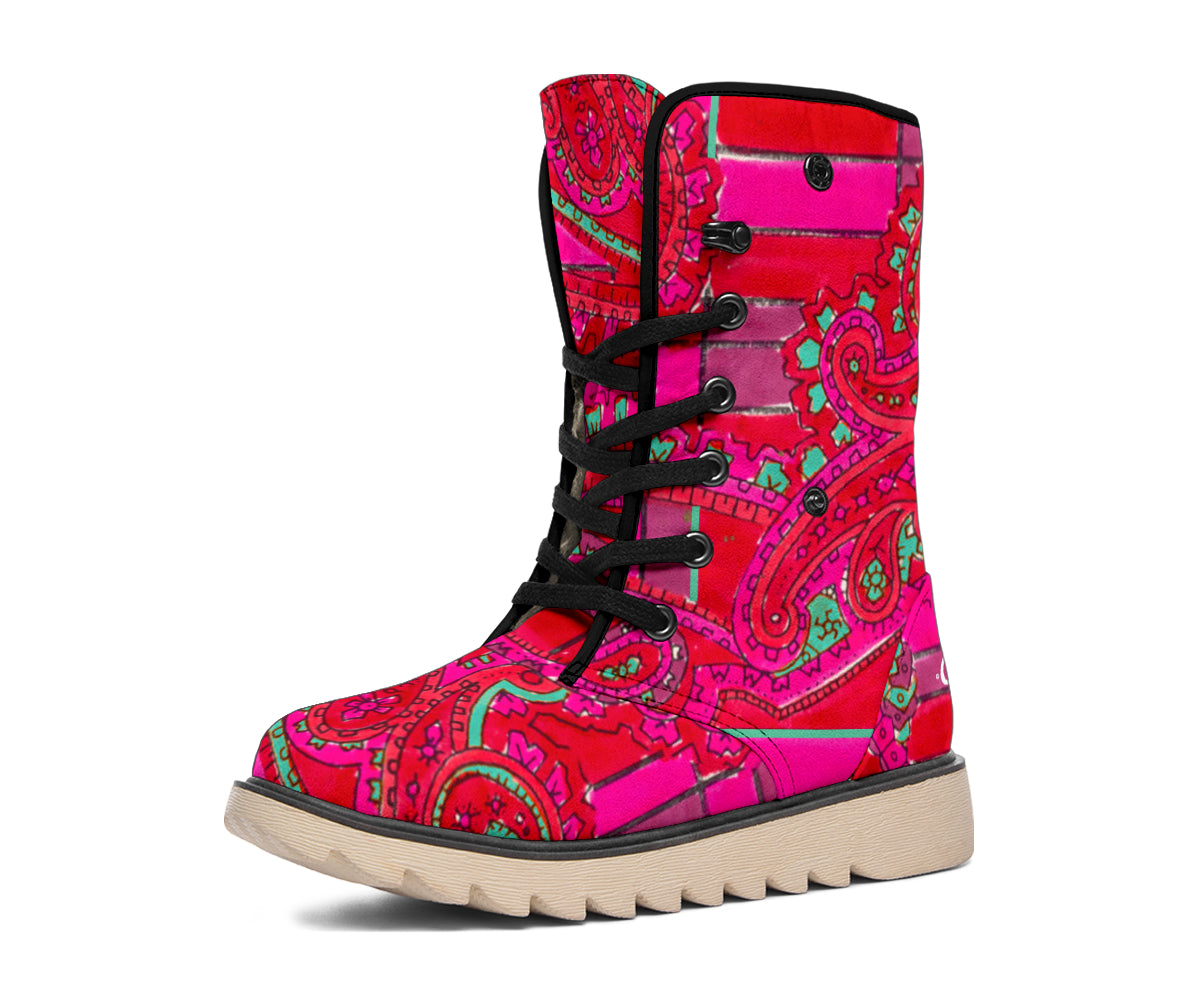 Bright Fuscia and Red Poppy Paisley on Plaid Polar Boots