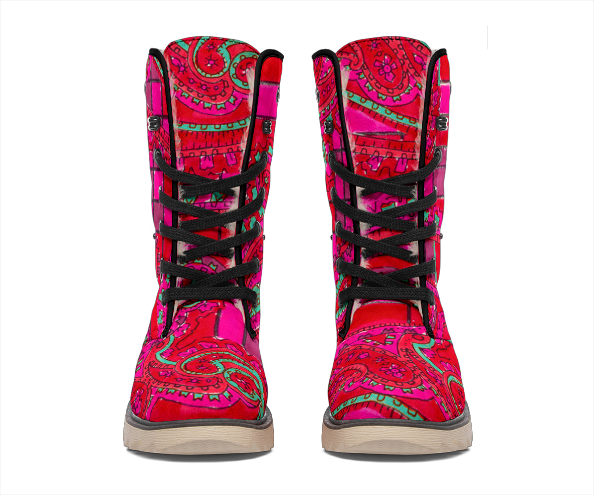Bright Fuscia and Red Poppy Paisley on Plaid Polar Boots