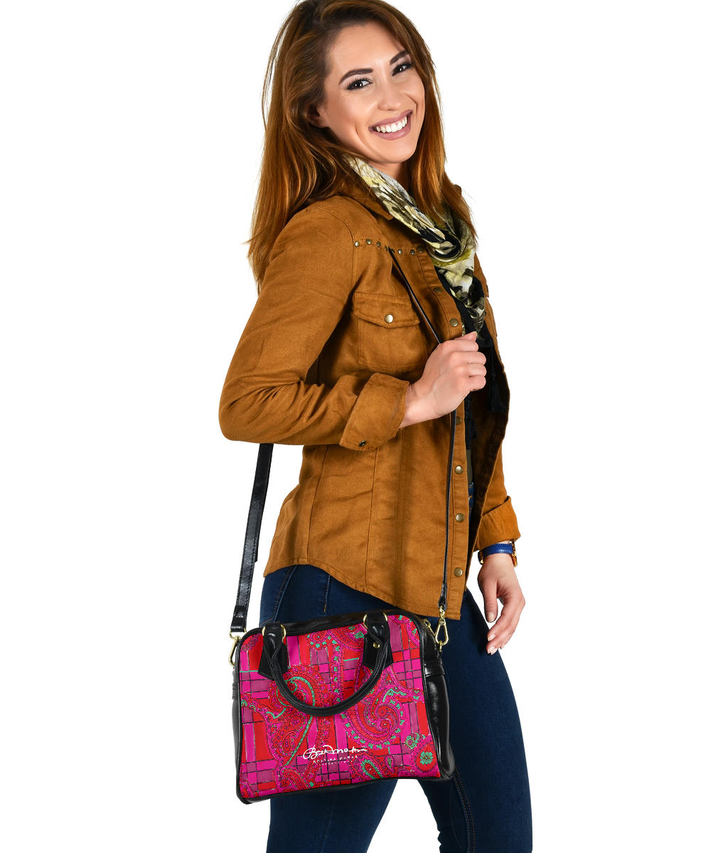 Bright Fuscia and Red Poppy Paisley on Plaid Hand Bag w Shoulder Strap
