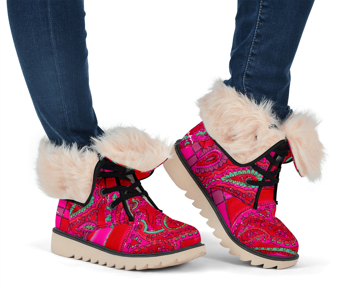 Bright Fuscia and Red Poppy Paisley on Plaid Polar Boots